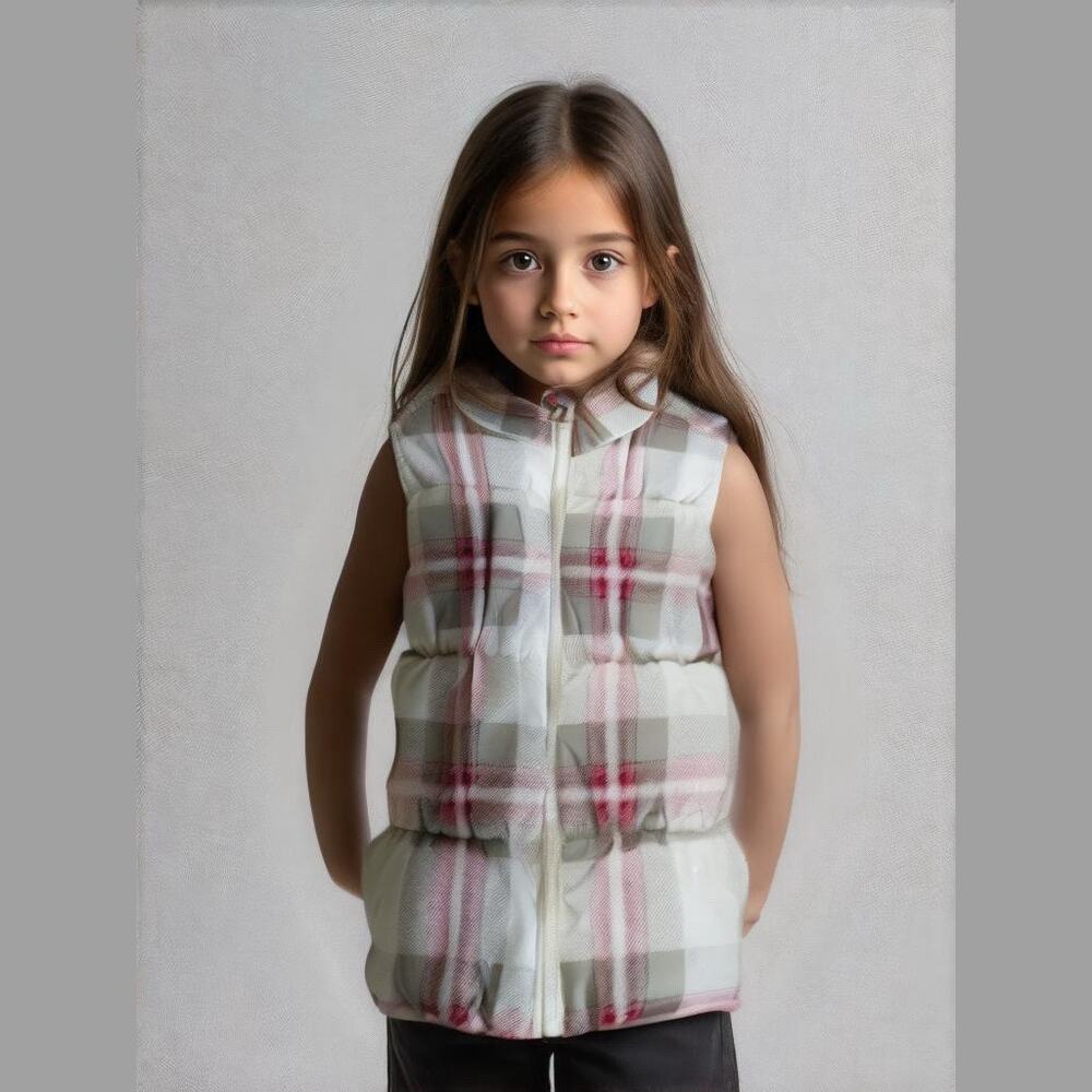 Old Navy Girls Vest Size Small 6 7 Frost Free White Pink Gray Plaid Puffer